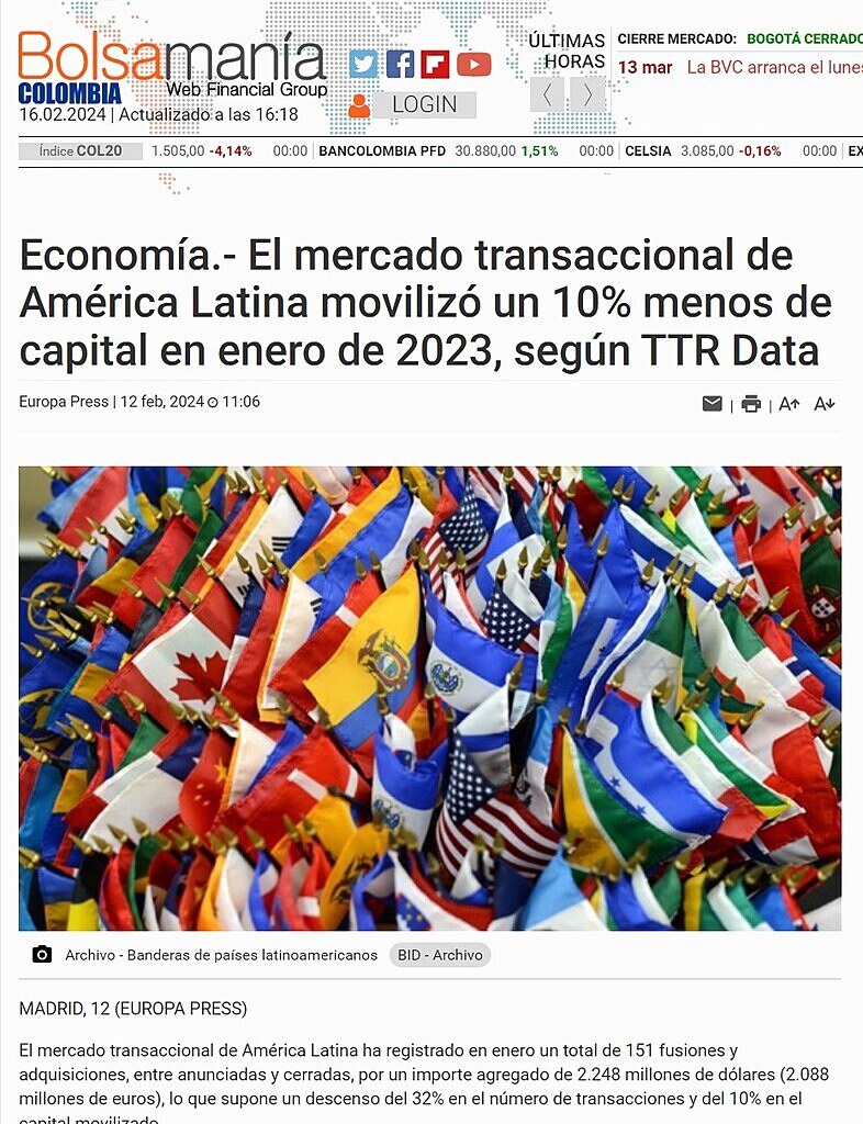 Economa.- El mercado transaccional de Amrica Latina moviliz un 10% menos de capital en enero de 2023, segn TTR Data